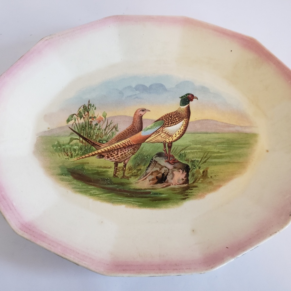 Antique S.P co Game bird serving platter pink trim